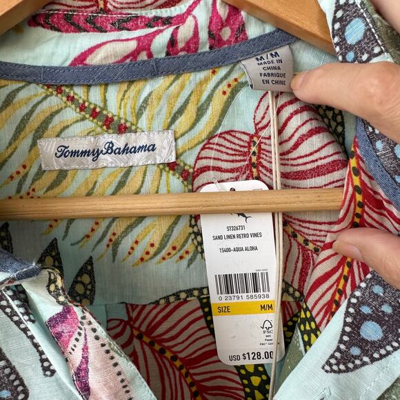 NWT Tommy Bahama Retro Vines Shirt Aqua M Linen TENCEL Hawaiian Island Print - Picture 7 of 8